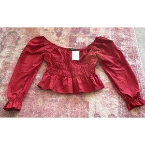 Few Moda Women's Red Off Shoulder Long Sleeve Ruffle Blouse Size L Cotton